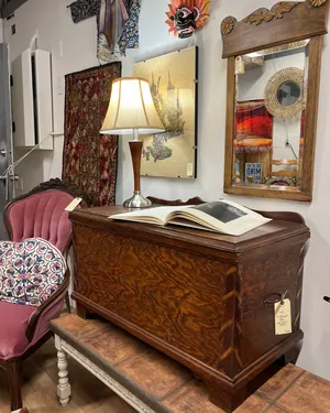 Antique oak chest with lamp and mirrors