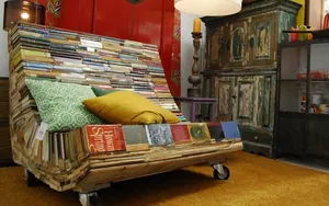 Vintage books on a rustic cart