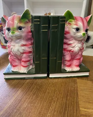 Pink ceramic cat bookends